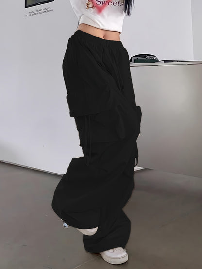 1pc Y2K Style Women's Cargo Pants, 100% Polyester Solid Color Loose Fit with Side Pockets and Drawstring Waist, Glossy Woven Fabric, Unlined - Spring/Summer/Fall Collection