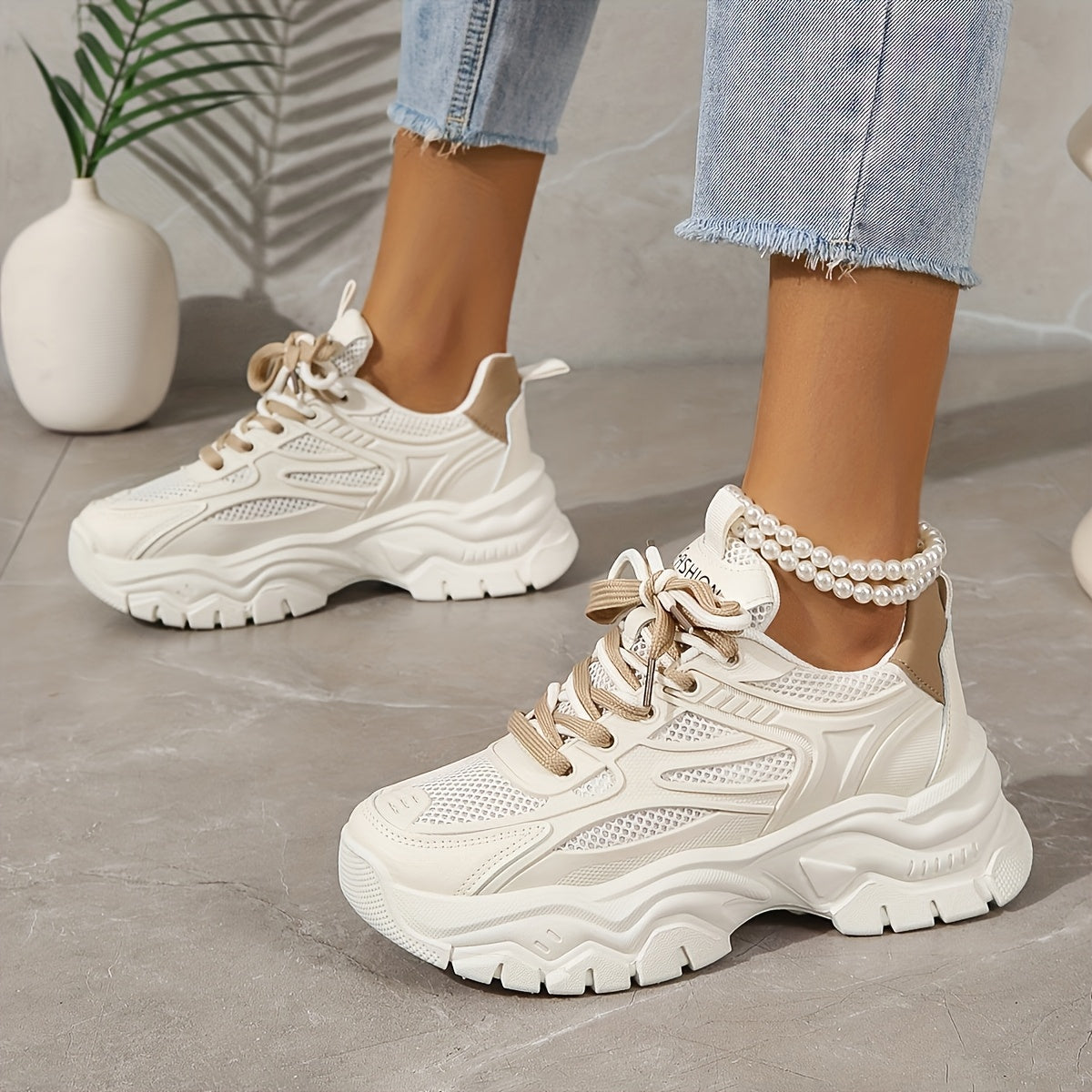 2025 New Women's Chunky Platform Dad Sneakers - White & Beige Lace-Up Casual Shoes with Thick Rubber Sole, EVA Cushion, Breathable Mesh & Synthetic Cover for All-Season Comfort