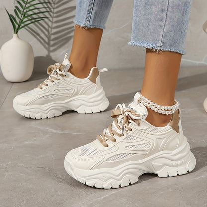 2025 New Women's Chunky Platform Dad Sneakers - White & Beige Lace-Up Casual Shoes with Thick Rubber Sole, EVA Cushion, Breathable Mesh & Synthetic Cover for All-Season Comfort