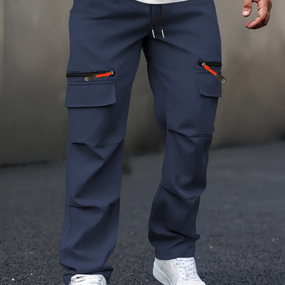 Pantaloni cargo casual da uomo con tasche multiple - Gamba dritta, vestibilità ampia, beige, dettagli con cerniera, perfetti per primavera e autunno