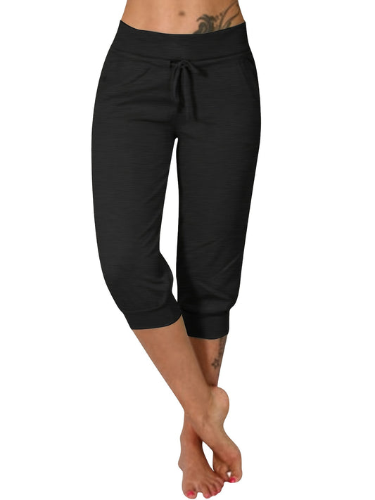 Pantaloni da donna a vita alta con coulisse laterale - Misto poliestere elasticizzato, tinta unita nero, stile casual comodo per tutte le stagioni, comodo da indossare tutti i giorni | Pantaloni a vita alta | Vestibilità su misura