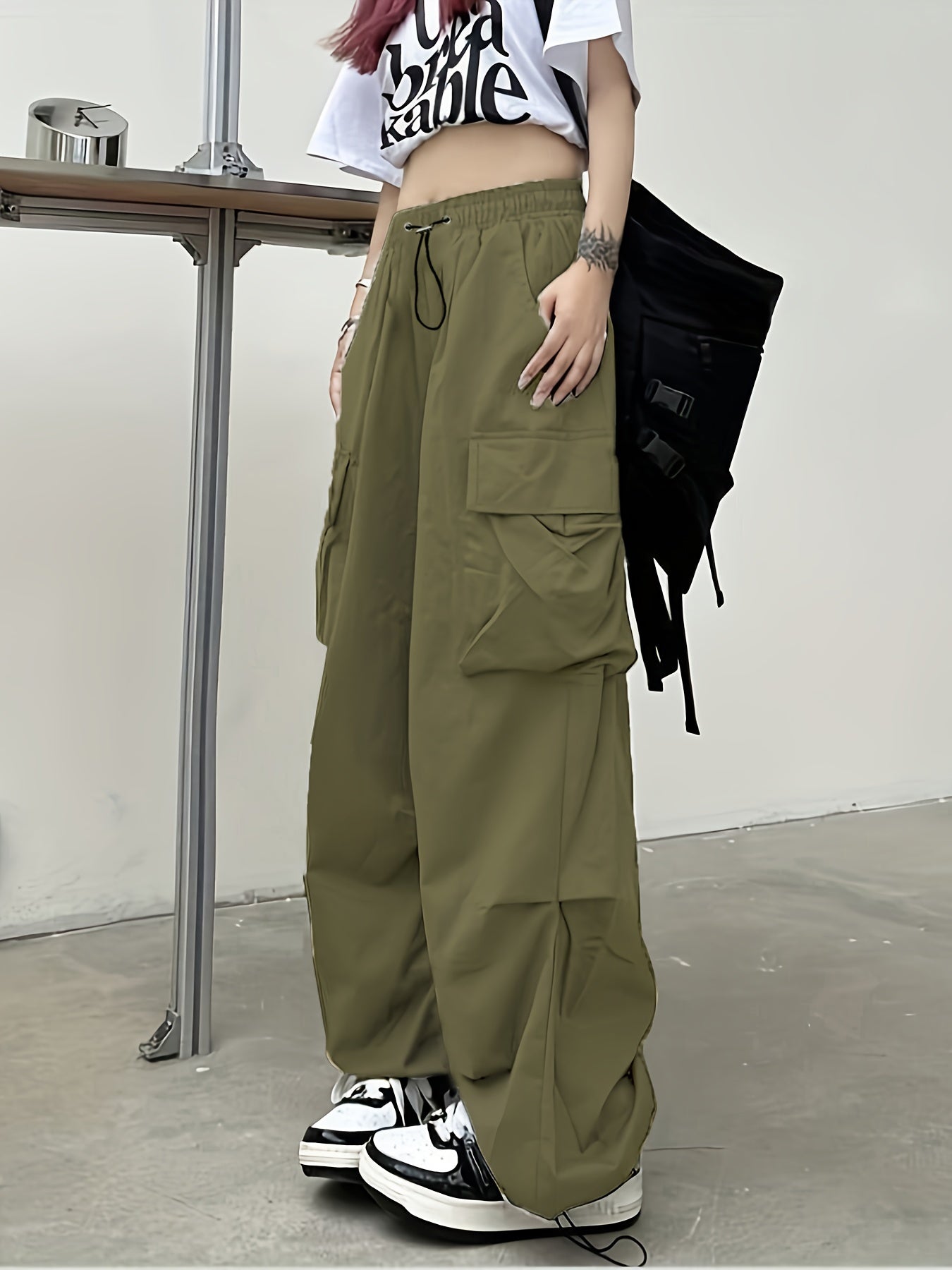 Pantaloni cargo drappeggiati Y2K, pantaloni streetwear con coulisse e tasche, abbigliamento da donna