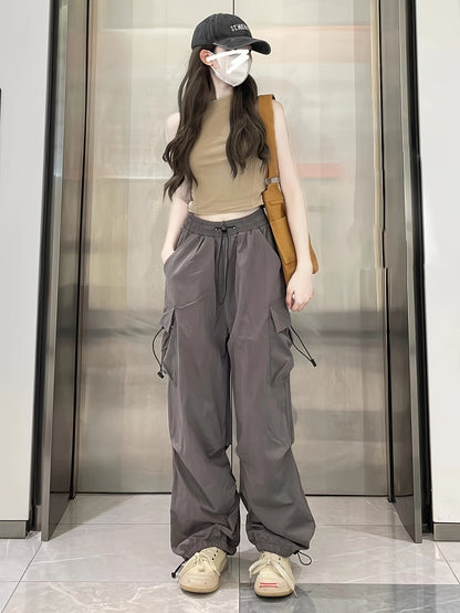 1pc Women'S Casual Cargo Pants, Solid Color Polyester, Spring/Fall Fashion, Multiple Pockets, Woven Weave, Adult Fit