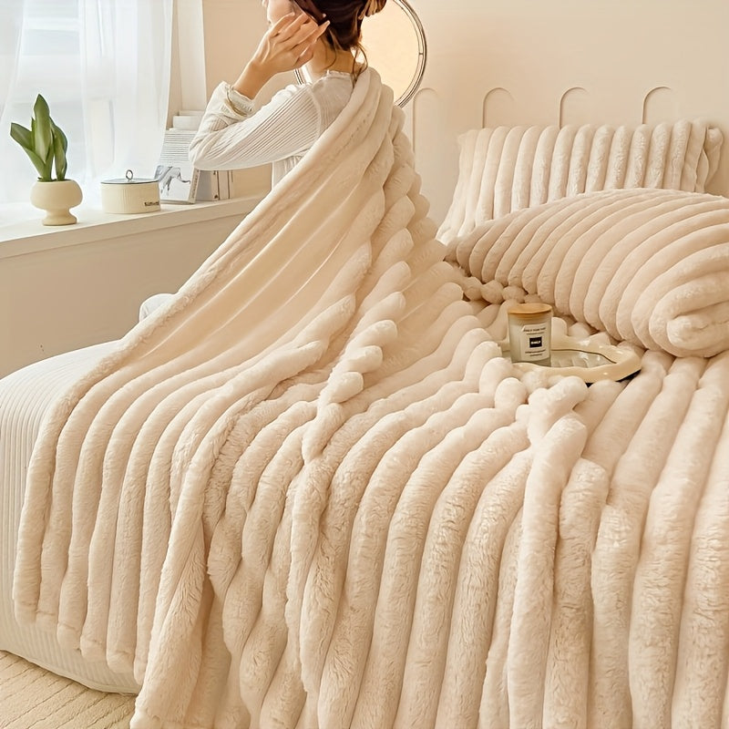 Coperta in pile con coulisse - Morbida, calda e soffice, motivo in pelliccia di coniglio finta, perfetta per fare un pisolino, in ufficio, in campeggio o sul divano, versatile coperta regalo per tutte le stagioni | Coperta in pile di peluche | Morbida