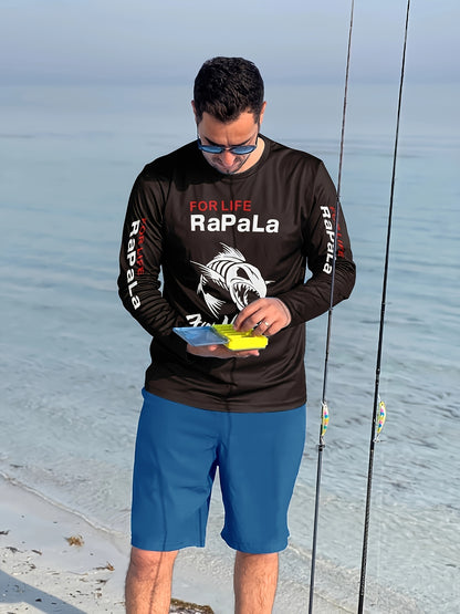 Maglietta a maniche lunghe elasticizzata ad asciugatura rapida da uomo con motivo a pesci - Perfetta per pesca, ciclismo e attività all'aperto, Primavera/Autunno, Scollo tondo, Moda