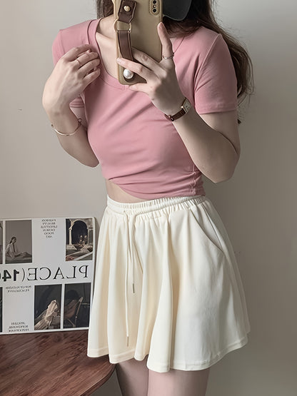 Solid Color Drawstring Waist Shorts, Casual Every Day Baggy Walking Shorts For Spring & Summer, Women's Clothing