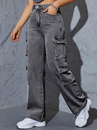 High-Waisted Cargo Denim Jeans for Women, 75% Cotton Blend Street Style Y2K Baggy Trousers with Flap Pockets, Solid All-Season Oversized Wide Leg Pants, Medium Stretch Woven Fabric