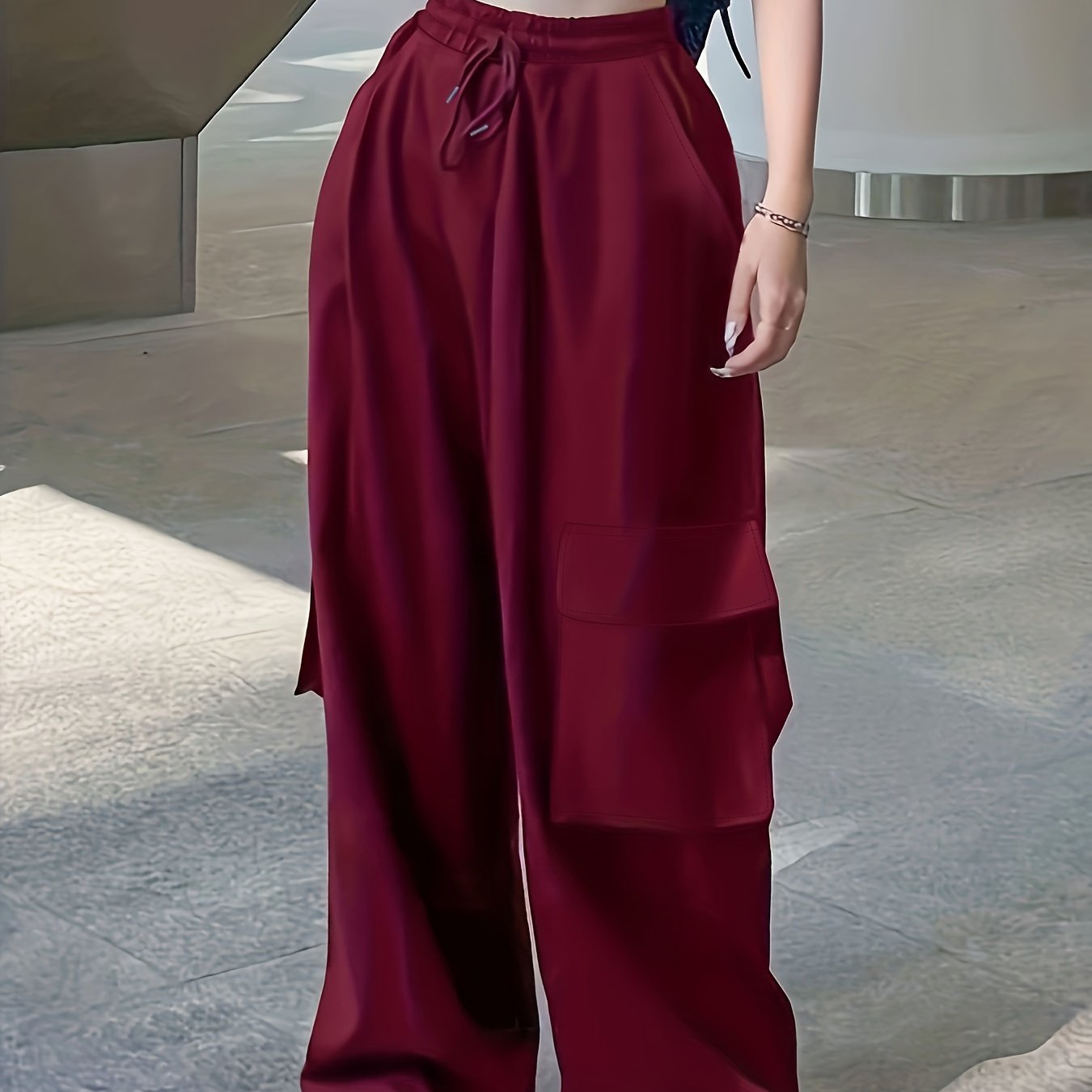 Y2K Drawstring Baggy Pants, Elastic Waist Long Length Pants With Pockets, Women's Clothing