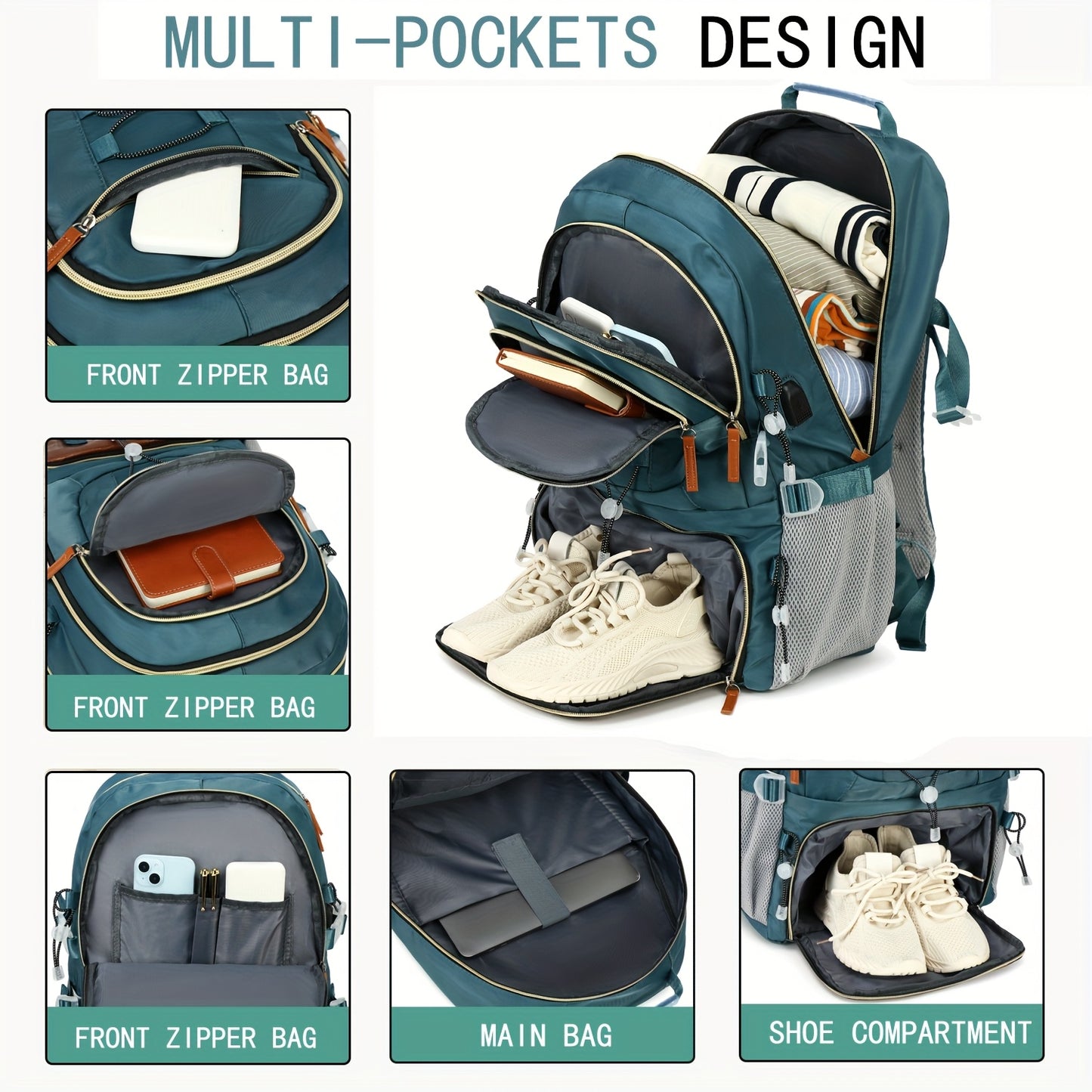 Zaino da viaggio di grande capacità da 40 litri con porta, scomparto per laptop da 17,3 e vano portascarpe - Zaino da trekking resistente con power bank, custodia imbottita per laptop, spallacci imbottiti regolabili