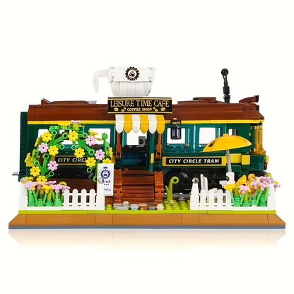 1081pcs Train Cafe House Assembled Toy Ornament, Green Faux Leather Train, City Shop, Street Scene Assembly Toy Model, Creative Retro Construction Set, Halloween/Thanksgiving Day/Christmas gift