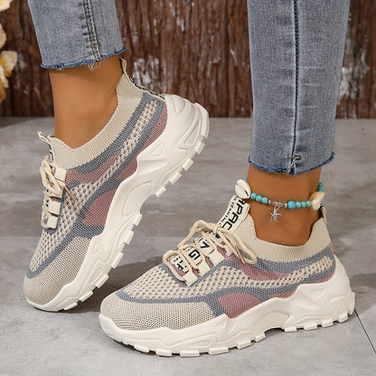 Sneakers da donna con plateau in rete traspirante, scarpe casual con lacci per esterni, comode scarpe sportive basse taglie forti