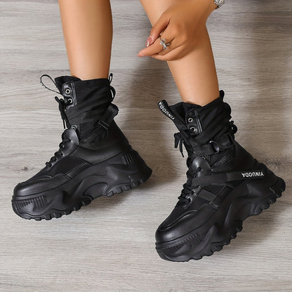 Sneakers alte alla moda da donna - Stivali casual con punta tonda, lacci in tessuto EVA tinta unita, suola in poliuretano e interno in tessuto - Scarpe streetwear versatili per tutte le stagioni