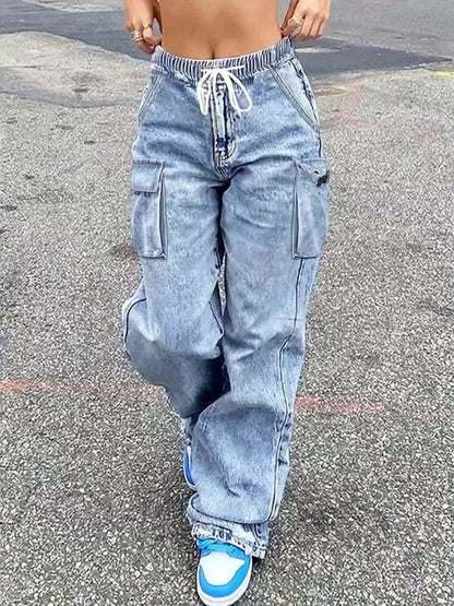Jeans cargo a vita media da donna, pantaloni in denim elasticizzati con vita elasticizzata e gamba larga, con tasche, pantaloni larghi da streetwear Y2K