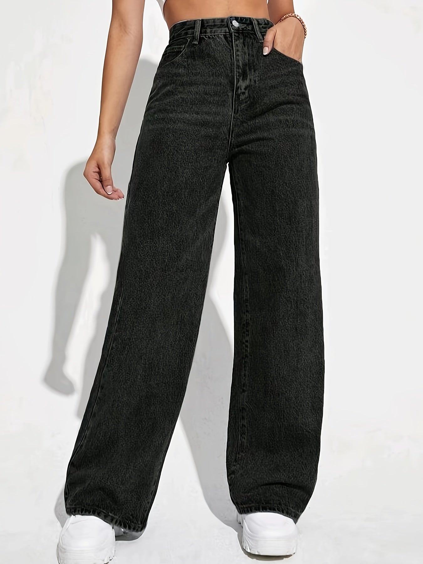 Plain Loose Fit Baggy Jeans, Slant Pockets Non-Stretch Casual Wide Legs Jeans, Women's Denim Jeans & Clothing