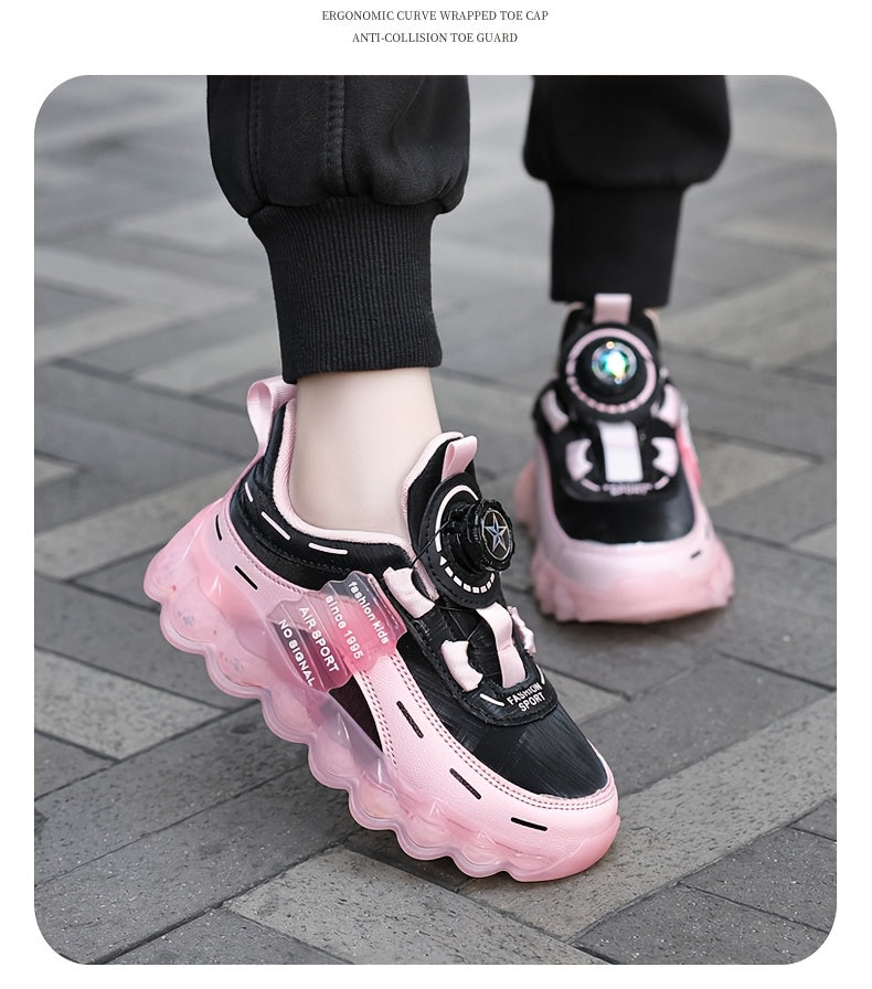 Kids' Preppy Sports Sneakers with Rotating Buckle, Lightweight EVA Sole, Non-Slip PU Upper, Comfortable Fabric Lining, Alphabet Pattern, All-Season Casual Footwear for Outdoor Activities, Training, Hiking - Ideal for Valentin