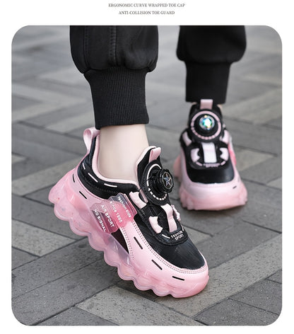 Kids' Preppy Sports Sneakers with Rotating Buckle, Lightweight EVA Sole, Non-Slip PU Upper, Comfortable Fabric Lining, Alphabet Pattern, All-Season Casual Footwear for Outdoor Activities, Training, Hiking - Ideal for Valentin