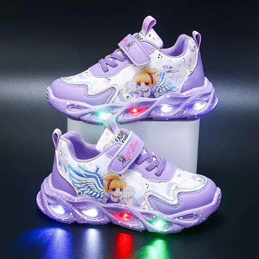 Kid's Glow-Up Sneakers: Princess Magic Straps, Night Light, Cartoon Design, Low Top, PU Material, Suitable for Girls and Boys Ages 0-14