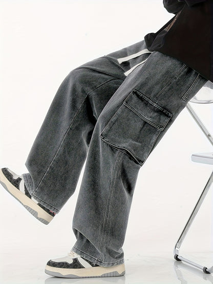 Men'S Hip-Hop Baggy Jeans, Loose Street-Style Pants That Drag on The Ground, Trendy Multi-Pocket Workwear Jeans Suitable for All Seasons.