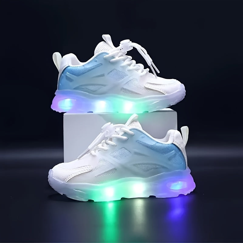 Sneakers in mesh traspirante per bambini con luci LED - Design geometrico alla moda, suola in PVC antiscivolo per ragazzi e ragazze