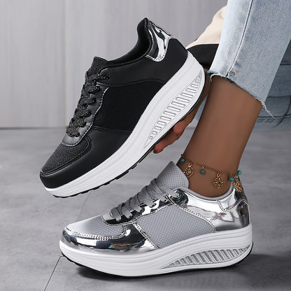 Sneakers da donna con plateau in rete traspirante, scarpe casual con lacci e suola bassa, comode