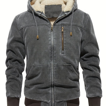 Men'S Distressed Hooded Softshell Jacket, Autumn Winter Outerwear with Pockets, Trendy Item