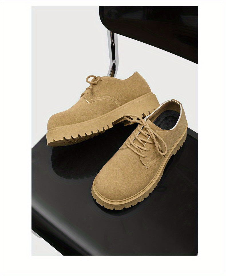 Men's Casual Retro Workwear Derby Shoes - Thick Sole Height Increase, Breathable Upper, Lace-Up Round Toe Design for Spring/Fall, Tan Rubber Outsole & EVA Cushioning, Fall Comfort Footwear, Minimalist Style, Durable Footwear,