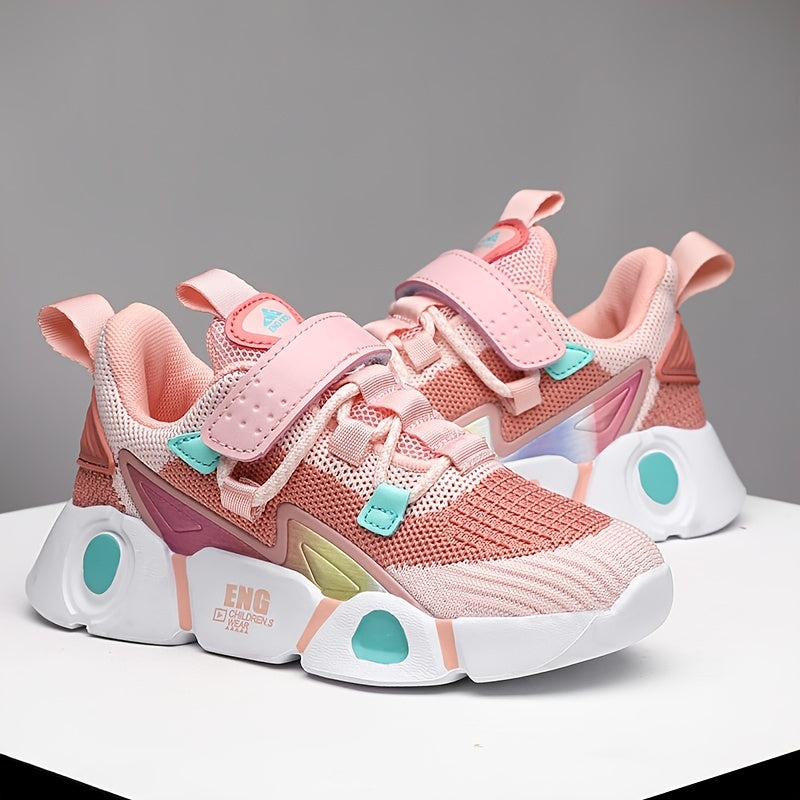 Sneakers traspiranti in maglia per bambine - Sneakers basse a righe alla moda con chiusura a strappo, leggere e comode per tutte le stagioni, design rosa e nero con tomaia in mesh e suola in EVA, adatte ai piedi dei più piccoli.