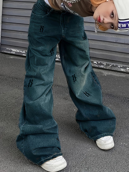 Y2K Style Distressed Wased Loose Fit Baggy Denim Pants, Wide Leg Streetwear Jeans, Women's Denim Jeans & Clothing For Fall