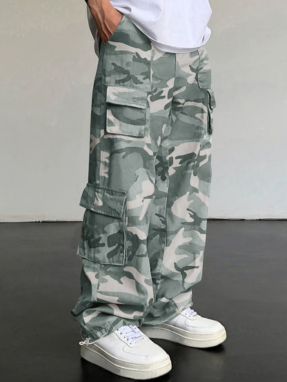 Pantaloni cargo mimetici da uomo con tasche con patta - Vestibilità ampia ed elegante per escursionismo, campeggio e streetwear, poliestere resistente