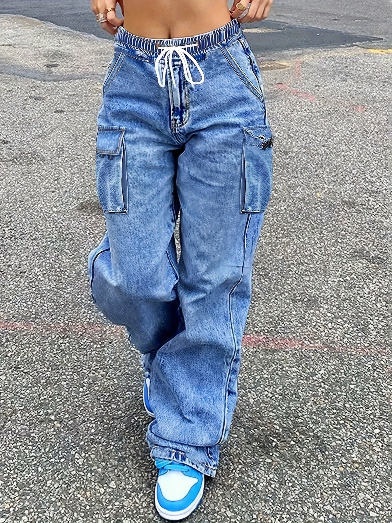 Jeans cargo a vita media da donna, pantaloni in denim elasticizzati con vita elasticizzata e gamba larga, con tasche, pantaloni larghi da streetwear Y2K