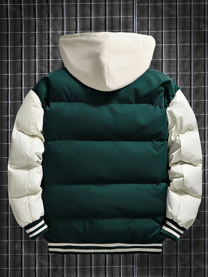 Giacca pesante con cappuccio da uomo e da donna - Cappotto da baseball a blocchi di colore rosso e bianco con chiusura frontale con cerniera, tessuto non elasticizzato - Capispalla invernale per coppie, abbigliamento casual da strada