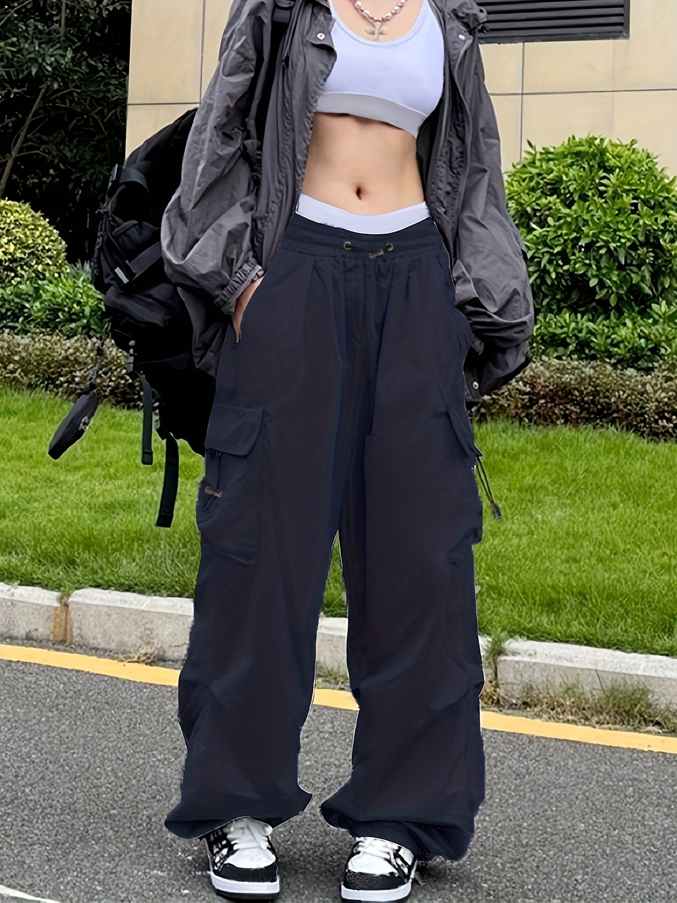Pantaloni cargo drappeggiati Y2K, pantaloni streetwear con coulisse e tasche, abbigliamento da donna