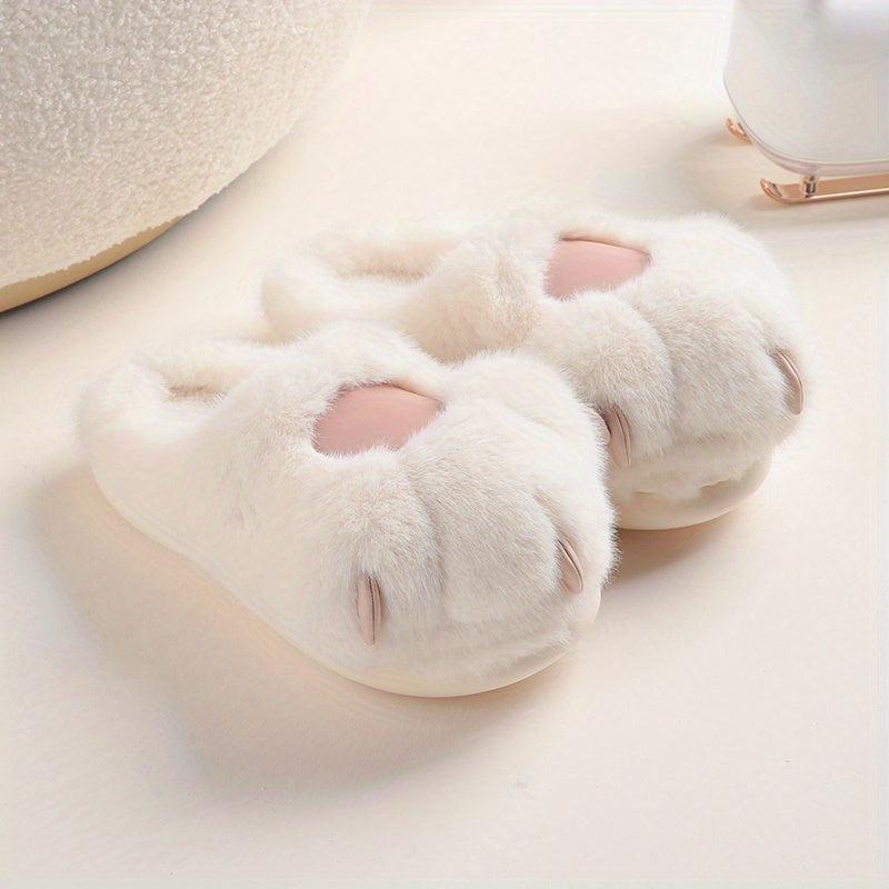 Women's Plush Novelty Slippers, Kawaii Cat Shaped Fluffy Slip On Shoes, Warm & Cozy Mute Slippers