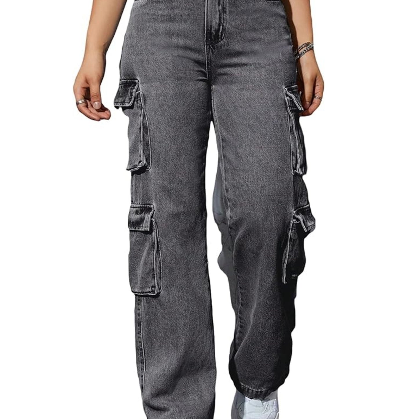 High-Waisted Cargo Denim Jeans for Women, 75% Cotton Blend Street Style Y2K Baggy Trousers with Flap Pockets, Solid All-Season Oversized Wide Leg Pants, Medium Stretch Woven Fabric
