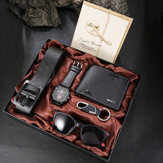Set di 6 accessori classici casual da uomo in similpelle nera: portafoglio a righe, orologio con quadrante quadrato, occhiali, portachiavi, biglietto d'auguri, cintura