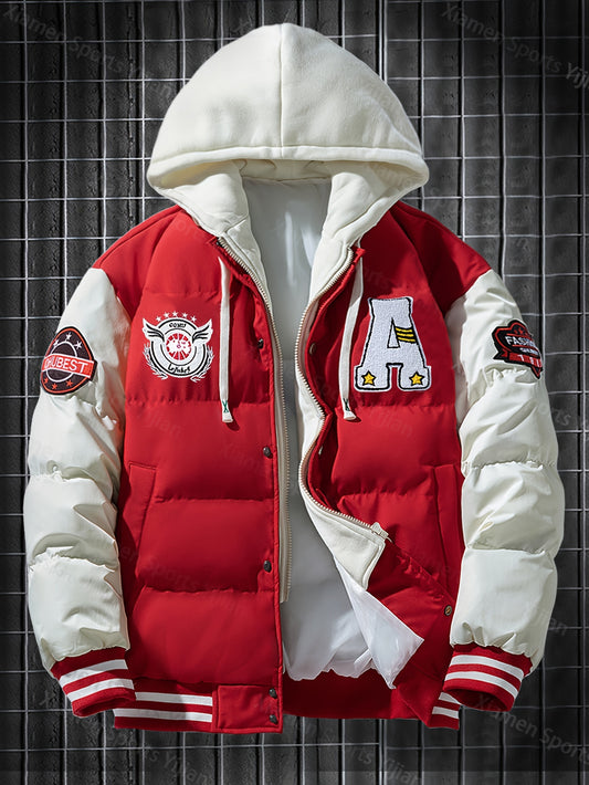 Giacca pesante con cappuccio da uomo e da donna - Cappotto da baseball a blocchi di colore rosso e bianco con chiusura frontale con cerniera, tessuto non elasticizzato - Capispalla invernale per coppie, abbigliamento casual da strada