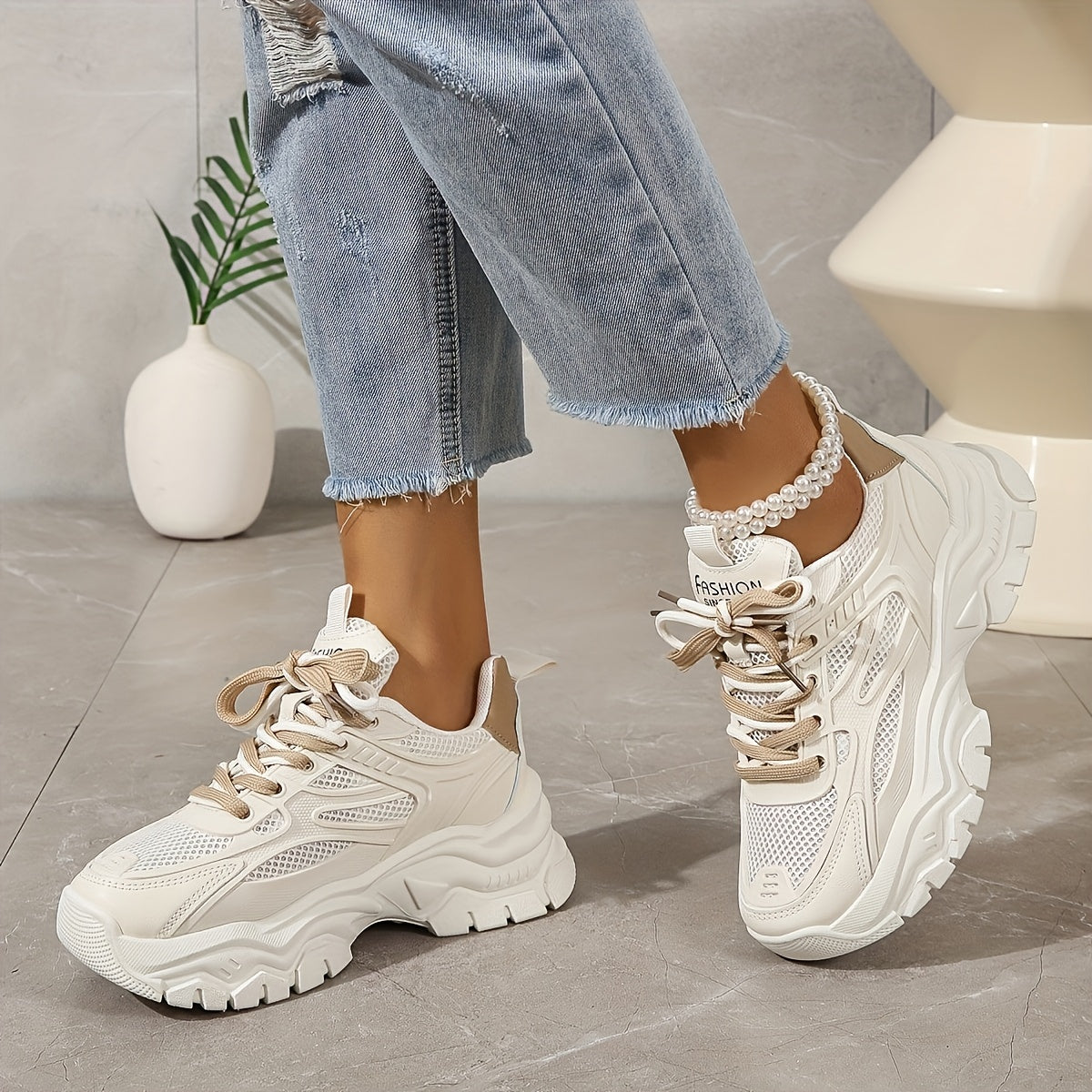 2025 New Women's Chunky Platform Dad Sneakers - White & Beige Lace-Up Casual Shoes with Thick Rubber Sole, EVA Cushion, Breathable Mesh & Synthetic Cover for All-Season Comfort