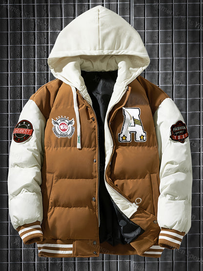 Giacca pesante con cappuccio da uomo e da donna - Cappotto da baseball a blocchi di colore rosso e bianco con chiusura frontale con cerniera, tessuto non elasticizzato - Capispalla invernale per coppie, abbigliamento casual da strada