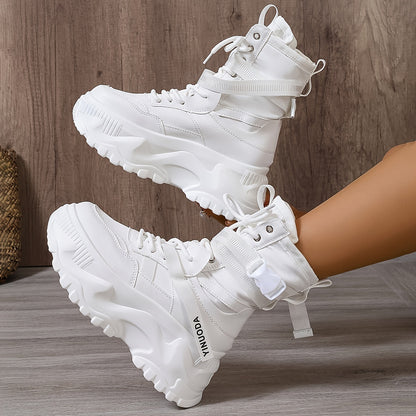 Sneakers alte alla moda da donna - Stivali casual con punta tonda, lacci in tessuto EVA tinta unita, suola in poliuretano e interno in tessuto - Scarpe streetwear versatili per tutte le stagioni