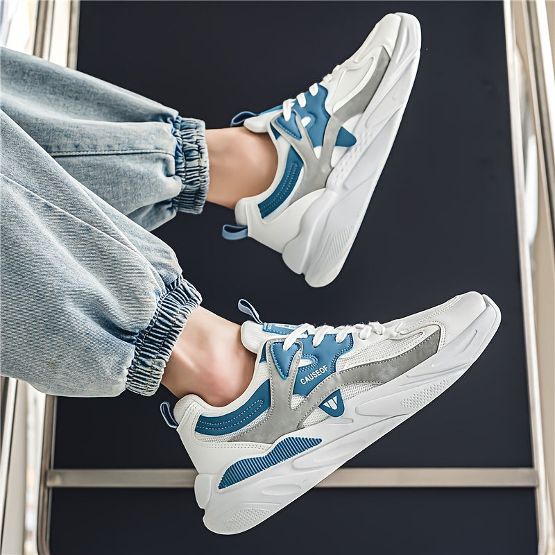 Men's Vintage Colour Block Chunky Shoes, Comfy Non Slip Durable Lace Up Soft Sole Sneakers For Men's Outdoor Activities