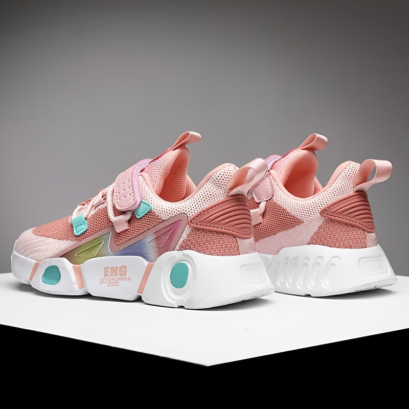 Sneakers traspiranti in maglia per bambine - Sneakers basse a righe alla moda con chiusura a strappo, leggere e comode per tutte le stagioni, design rosa e nero con tomaia in mesh e suola in EVA, adatte ai piedi dei più piccoli.