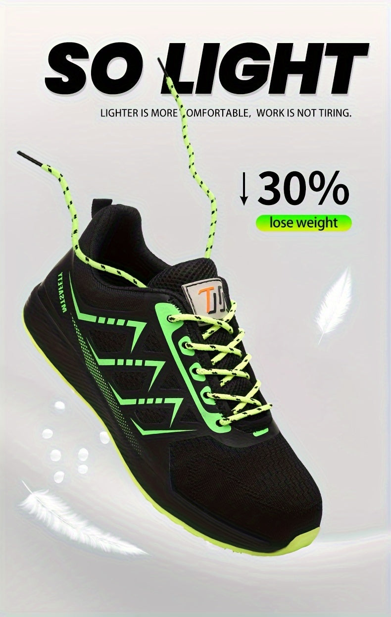Scarpe antinfortunistiche da lavoro antiscivolo antiforatura con punta in acciaio da uomo, scarpe da ginnastica traspiranti in maglia intrecciata per edilizia industriale