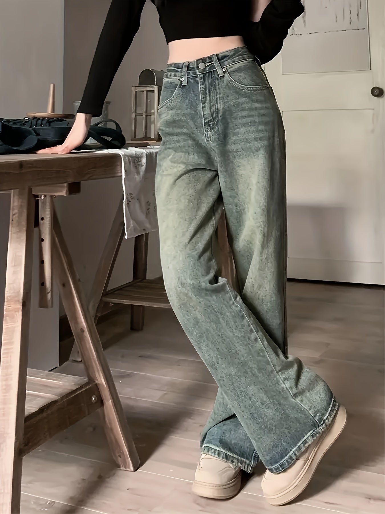 Vintage Wide Leg Jeans, Slant Pocket Loose Stylist Streetwear Baggy Denim Pants, Women's Denim Jeans & Clothing