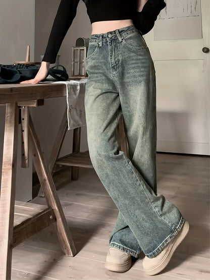 Vintage Wide Leg Jeans, Slant Pocket Loose Stylist Streetwear Baggy Denim Pants, Women's Denim Jeans & Clothing