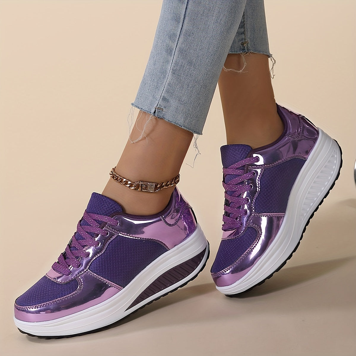 Sneakers da donna con plateau in rete traspirante, scarpe casual con lacci e suola bassa, comode