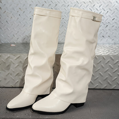 Stivaletti da donna con tacco largo e slip-on - Punta a punta, rivestimento sintetico, scarpe casual e formali versatili per tutte le stagioni con suola in TPR, beige e nero, tessuto comodo