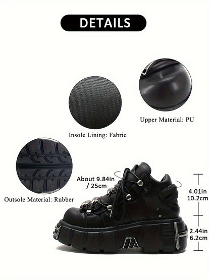 Women's Metallic Decor Platform Sneakers, Punk Rock Lace Up Outdoor Shoes, Comfortable Heel Height Shoes, Gothic Ankle Boots Round Toe Thick Sole Booties plus size