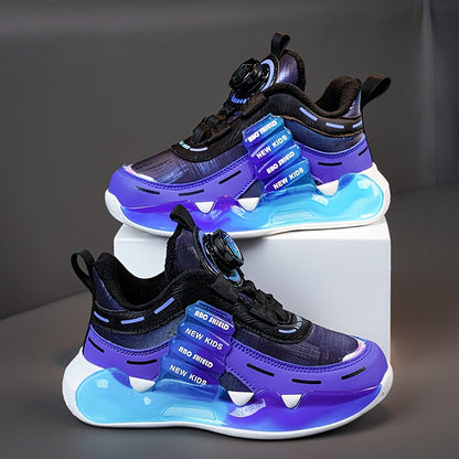 Boy's Trendy High Top Basketball Shoes With Rotating Buckle, Comfy Non Slip Shock Absorption Sneakers For Kids Outdoor Activities