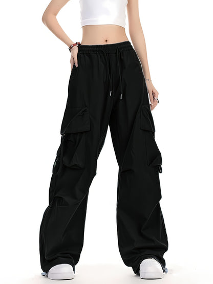 1pc Y2K Style Women's Cargo Pants, 100% Polyester Solid Color Loose Fit with Side Pockets and Drawstring Waist, Glossy Woven Fabric, Unlined - Spring/Summer/Fall Collection