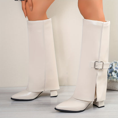 Stivali da donna alti fino al ginocchio in PU marrone con fibbia in metallo e punta affilata - Stivali eleganti per tutte le stagioni con tacco spesso, antiscivolo, soletta imbottita e supporto dell'arco plantare
